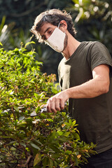 Man in the garden of his house pruning bush with protective mask against covid 19