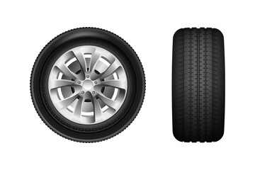 Obraz premium Car wheel vector illustration isolated on white background. Realistic Car tires