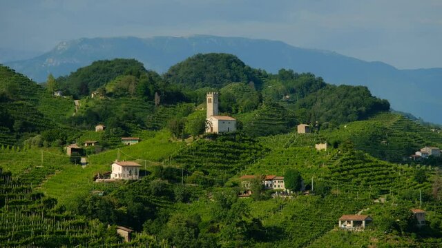 View of the green Prosecco wine hill with the small Saint Lorenz church - Chiesetta di San Lorenzo, Farra di Soligo, Conegliano Valdobbiadene - Strada del Prosecco - Prosecco road