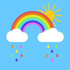 rainbow with clouds and sun on a blue background