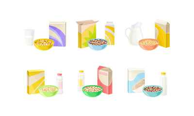 Fototapeta na wymiar Bowls of Breakfast Cereal with Milk and Yogurt Vector Set