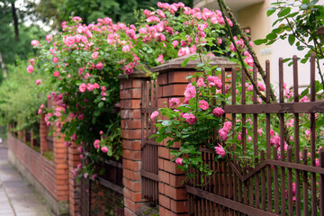 Fototapeta na wymiar rose bush flowers during blossoming after rain