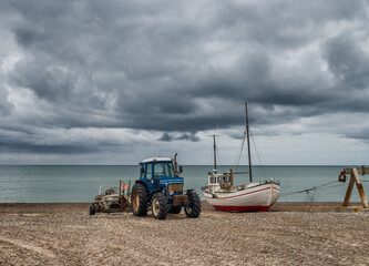 Coastal cutter on the beach at Lild Strand in Thy, Denmark