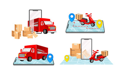 Cardboard Boxes, Truck and Map as Navigation Vector Illustrations Set