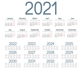 Fototapeta na wymiar Simple calendar 2021 - 2033 on white background. Vector illustration
