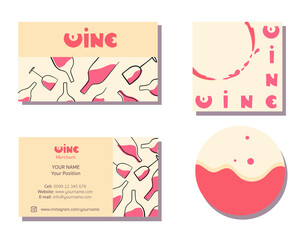 business card, drop stop, small square card for wine business solutions in pink and beige color with hand drawn bottles and glasses as visual identity - flat vector illustration