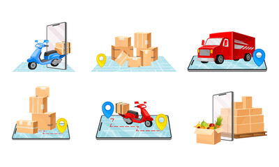 Cardboard Boxes, Truck and Map as Navigation Vector Illustrations Set