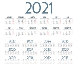 Simple calendar 2021 - 2033 on white background. Vector illustration