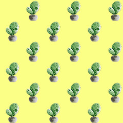 Seamless pattern with watercolor cactus in a pot. isolated on a yellow