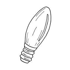 Incandescent light bulb vector stock illustration. Hand drawn led lamp isolated on white background. Outline black and white glass light bulb with lamp cap.