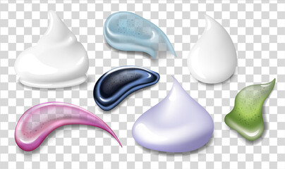 Different skin care products swatches on grey background. Cream, scrub, gel, mask samples, vector illustrations set in realistic style. Beauty and makeup