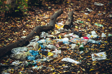 Garbage pile in autumn forest. Toxic plastic into nature everywhere. Rubbish heap in park among fallen yellow leaves. Contaminated soil. Environmental pollution. Ecological issue. Throw trash anywhere