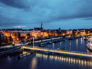 Fototapeta na wymiar Greifswald und Museumshafen von oben - Luftbild bei Sonnenuntergang 
