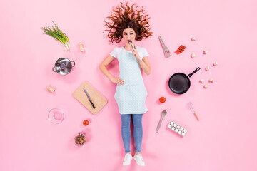 Top above high angle view full size photo dream dreamy girl think decide what prepare menu organic...