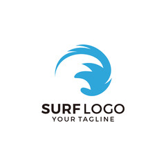 Vintage Surfing logo template. Surf Badge. Summer fun. Surfboard elements. Outdoors activity - boarding on waves.
