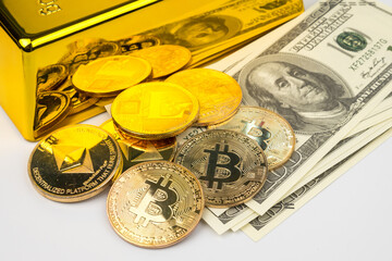 Golden Bitcoins of new digital money, US dollars and gold bars on white background