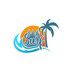 Vintage Surfing logo template. Surf Badge. Summer fun. Surfboard elements. Outdoors activity - boarding on waves.