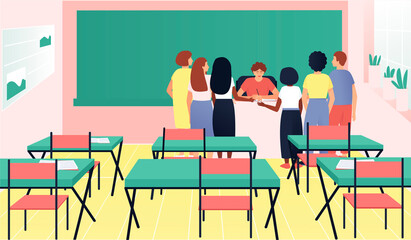 Students gathered around the teacher's desk. The teacher and students discuss their grades. Youth lifestyle. Teenagers with different skin colors. Flat vector cartoon illustration.