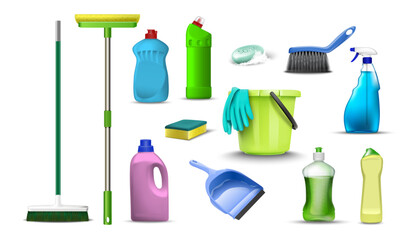  vector collection of household cleaning products. Isolated on white background.