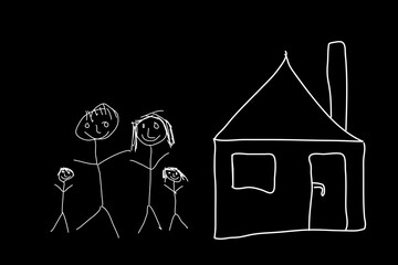 Chalk drawing of family of 4 with a house - father, mother, son, daughter