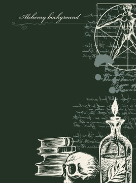 Alchemy background in vintage style. Artistic illustration on alchemical theme with scribbles imitating handwritten text, hand-drawn sketches, ink blots and place for text on the black background