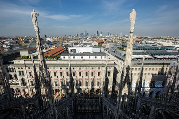 Sculpture and view from top of Duomo di milano in Milan, italy