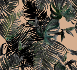 Seamless Pattern Hand Painted Watercolor Artwork Illustration Palm Leaves and Monstera Tropical Jungle Isolated  Black and White on Brown