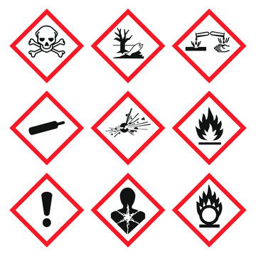 GHS pictogram hazard sign set. Isolated on white background. Dangerous, hazard symbol icon collection. Vector illustration image.