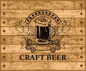 Label or banner for craft beer with a glass of beer, hops and wings on the background of the wooden planks. Decorative vector emblem or illustration, suitable for pub, bar and brewery graphic design