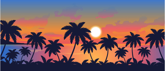 Fototapeta na wymiar palm trees on the ocean beach at sunset vector landscape illustration