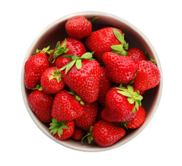 Ripe strawberries in bowl isolated on white, top view