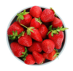 Ripe strawberries in bowl isolated on white, top view
