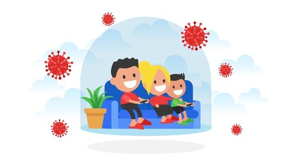 Fototapeta premium Stay home. Family quarantined and isolated under a glass dome. Self-isolation from a pandemic. 