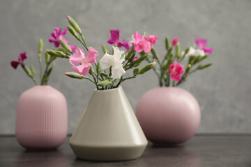 Different vases with beautiful carnations on grey background