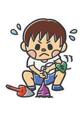 芋ほり さつまいも スコップ シャベル 秋 イベント 版ズレ はんこ 版画 ベクター イラスト