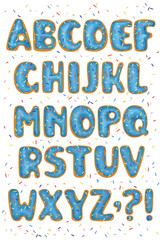 Bright blue donuts alphabet. Colorful bold and tasty ABC on white background