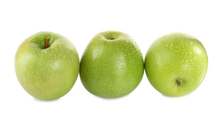 Fresh juicy green apples with water drops isolated on white