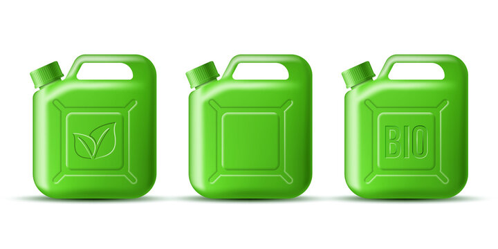 Set of Green Gasoline jerrycan with leaf symbol and BIO word isolated on white