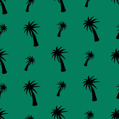 Fototapeta na wymiar Palm. Silhouette. Hawaiian motifs. Seamless vector pattern. Outline on an isolated green background. Repeating ornament. Tropical tree. Flat style. Pictogram. Palm tree. Idea for wallpaper, wrapper.