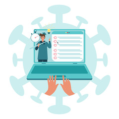 Online exam, checklist and laptop, taking test, choosing answer, questionnaire form, education concept, vector flat illustration