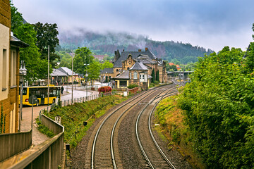 Railway station of Goslar against scenic foggy mountains, Lower Saxony, Germany