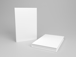 Isolated blank books standing and layed down on neutral background. 3D rendered illustration