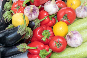 Vegetables and fruits lie together. Zucchini, eggplant, tomatoes, lemons, garlic, red bell pepper. Concept of a good harvest.