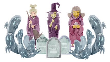 魔女3姉妹とお墓とお化けの水彩イラスト
