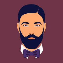 Head of bearded man with bow tie . Portrait of bearded brunet man. Avatar of stylish dendy for social networks. Abstract male portrait, full face. Stock vector illustration in flat style