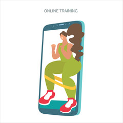 Self-quarantine concept. Sports at home during an outbreak of the COVID-19 virus. Coronavirus quarantine preventive measures. girl goes in for sports at home. Fitness training online in the phone. Vec