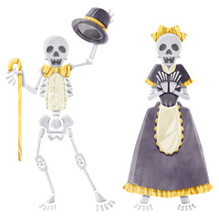 骸骨カップルの水彩イラスト
