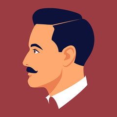 Portrait of moustached brunet man. Head of moustached man in profile. Avatar of stylish businessman for social networks. Abstract male portrait, face side view. Stock vector illustration in flat style