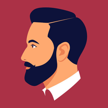 Head of bearded man in profile. Portrait of bearded brunet man. Avatar of stylish businessman for social networks. Abstract male portrait, face side view. Stock vector illustration in flat style