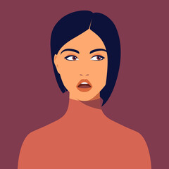 Young interested woman with short haircut. Portrait of beautiful brunette. Avatar interested girl for social networks. Abstract female portrait, full face. Stock vector illustration in flat style.